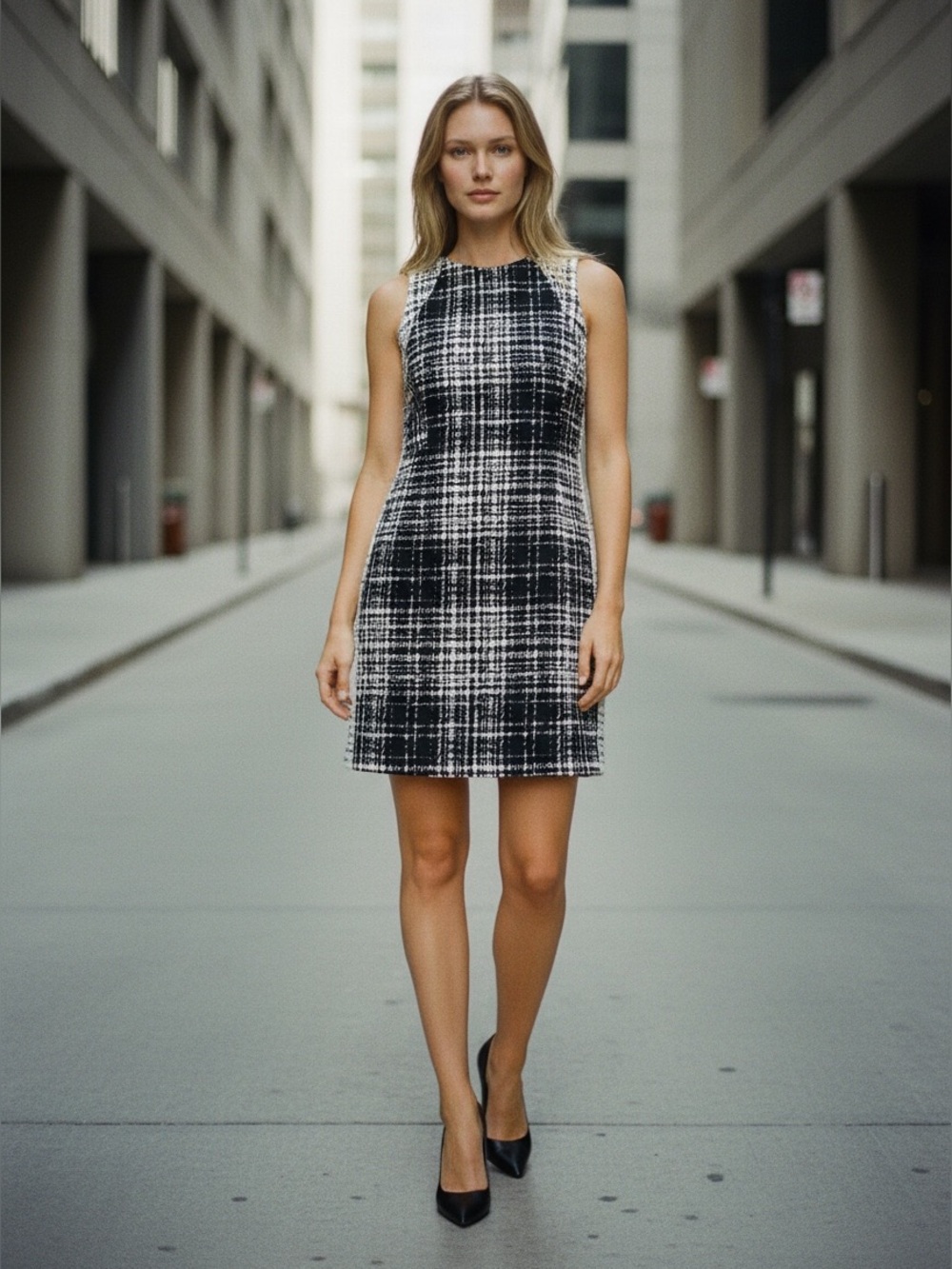 Banana Republic Tweed Sleeveless Shift Keyhole Mini Dress Black White 4P EUC